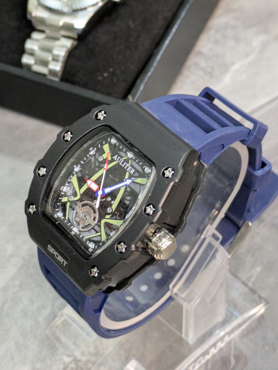 Gastro Sport Men’s Quartz Watch – Matte Black Skeleton Dial with BLACK Silicone Strap