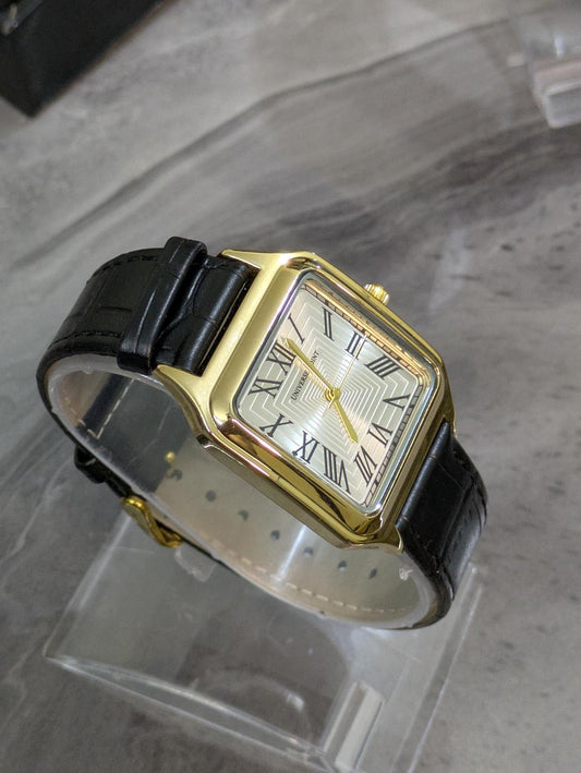 Vintage Elegant Black Watch - Rectangular Gold Dial &Genuine Leather Strap