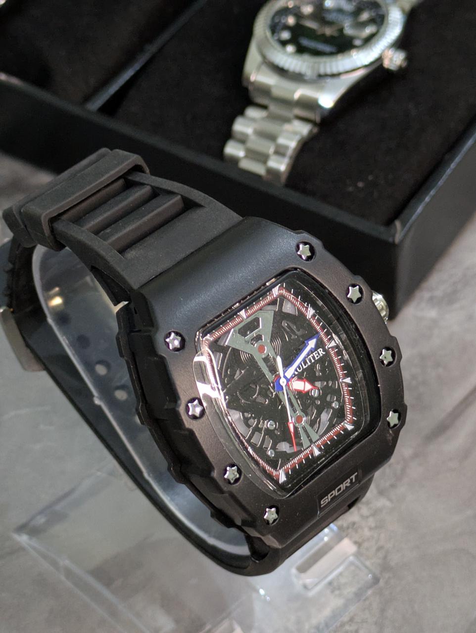 Gastro Sport Men’s Quartz Watch – Matte Black Skeleton Dial with BLACK Silicone Strap