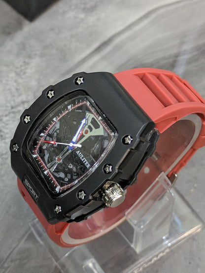 Gastro Sport Men’s Quartz Watch – Matte Black Skeleton Dial with BLACK Silicone Strap