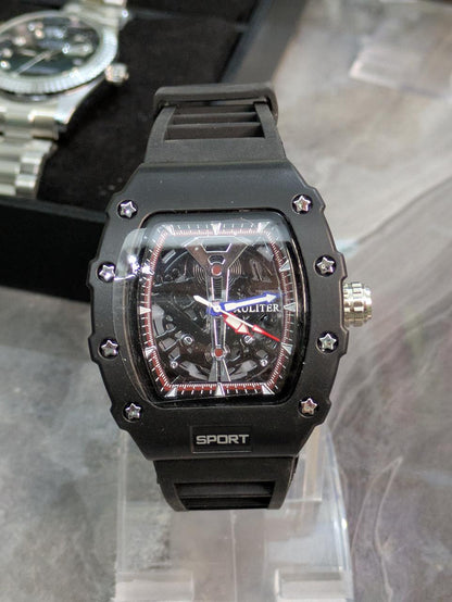 Gastro Sport Men’s Quartz Watch – Matte Black Skeleton Dial with BLACK Silicone Strap