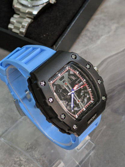 Gastro Sport Men’s Quartz Watch – Matte Black Skeleton Dial with BLACK Silicone Strap