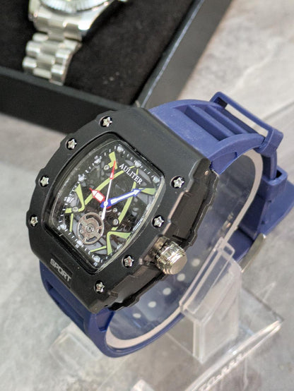 Gastro Sport Men’s Quartz Watch – Matte Black Skeleton Dial with BLACK Silicone Strap