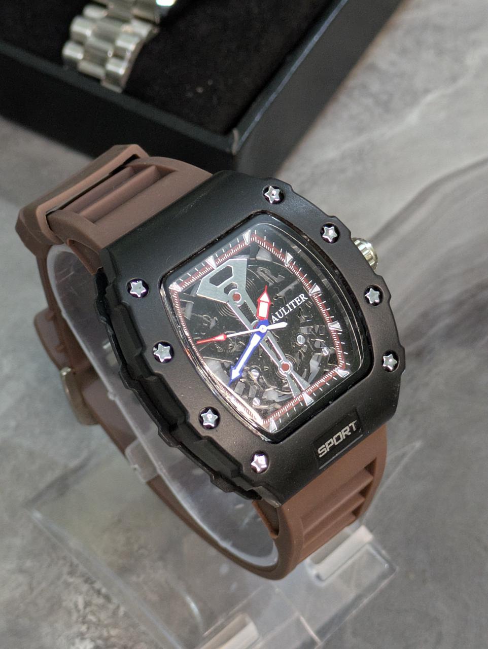 Gastro Sport Men’s Quartz Watch – Matte Black Skeleton Dial with BLACK Silicone Strap