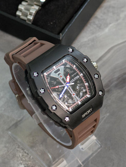 Gastro Sport Men’s Quartz Watch – Matte Black Skeleton Dial with BLACK Silicone Strap